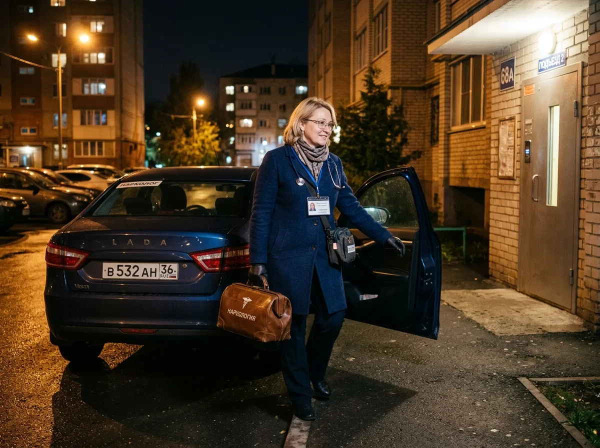 Врач-нарколог в штатском выходит из автомобиля ночью в Воронеже, готовясь к выезду на дом, профессиональный медицинский контекст, доверительная атмосфера