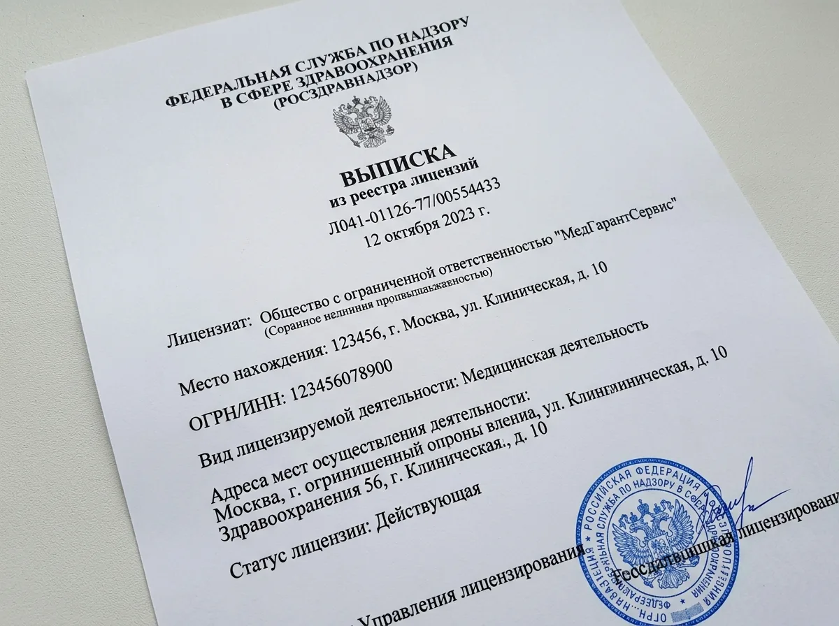 Выписка из реестра лицензий Росздравнадзора — лицевая сторона, документ с печатью, крупный план на нейтральном фоне